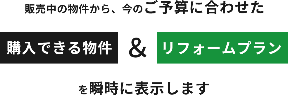 現在販売中の物件の中からあなたの今のご予算に合わせたお支払で購入できる物件とリフォームプランを瞬時に表示します。