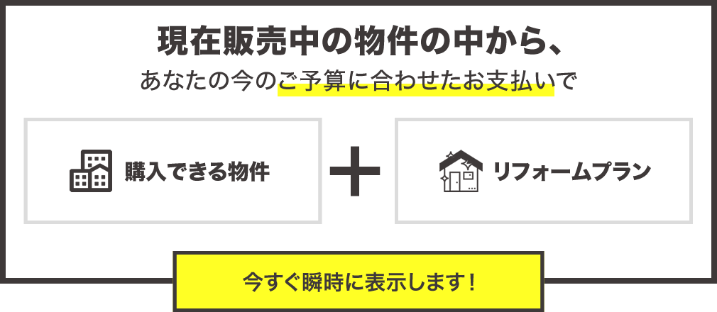 現在販売中の物件の中からあなたの今のご予算に合わせたお支払で購入できる物件とリフォームプランを今すぐ瞬時に表示します。